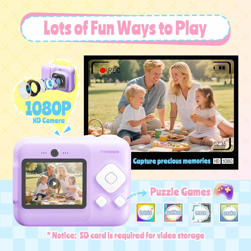 TYPONOS Instant Print Camera for Kids, Christmas Birthday Gifts for Girls Boys Age 3-12, Kids Cameras, Portable Toy Camera for 3 4 5 6 7 8 9 10 Year Old Girl with 32GB SD Card, Purple - Image 4